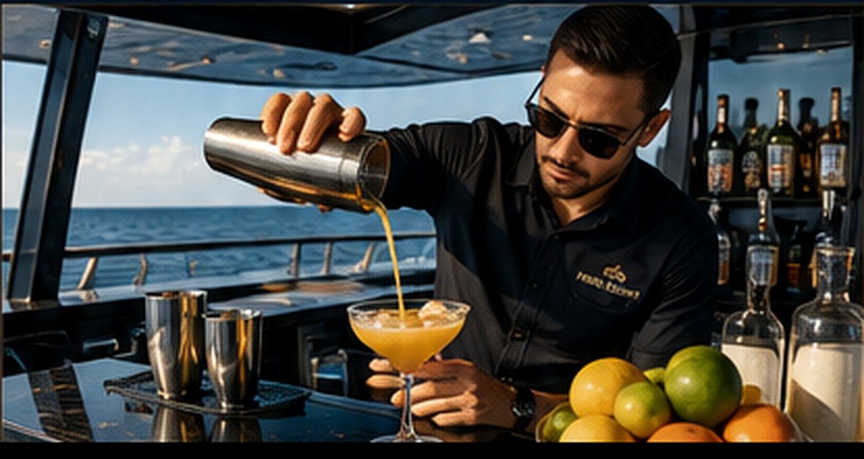 Professional onboard bartender preparing a cocktail aboard a yacht