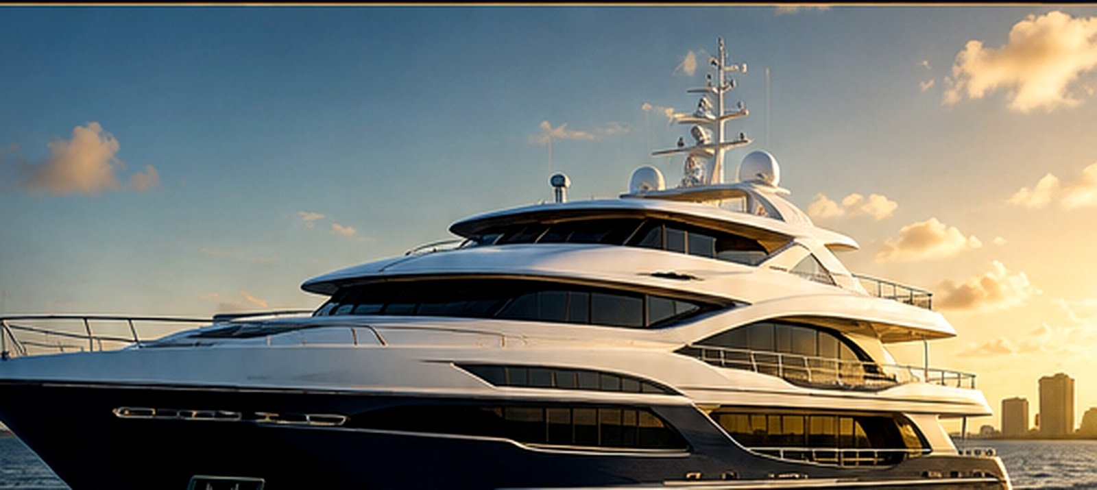Luxury yacht cruising on the water at sunset
